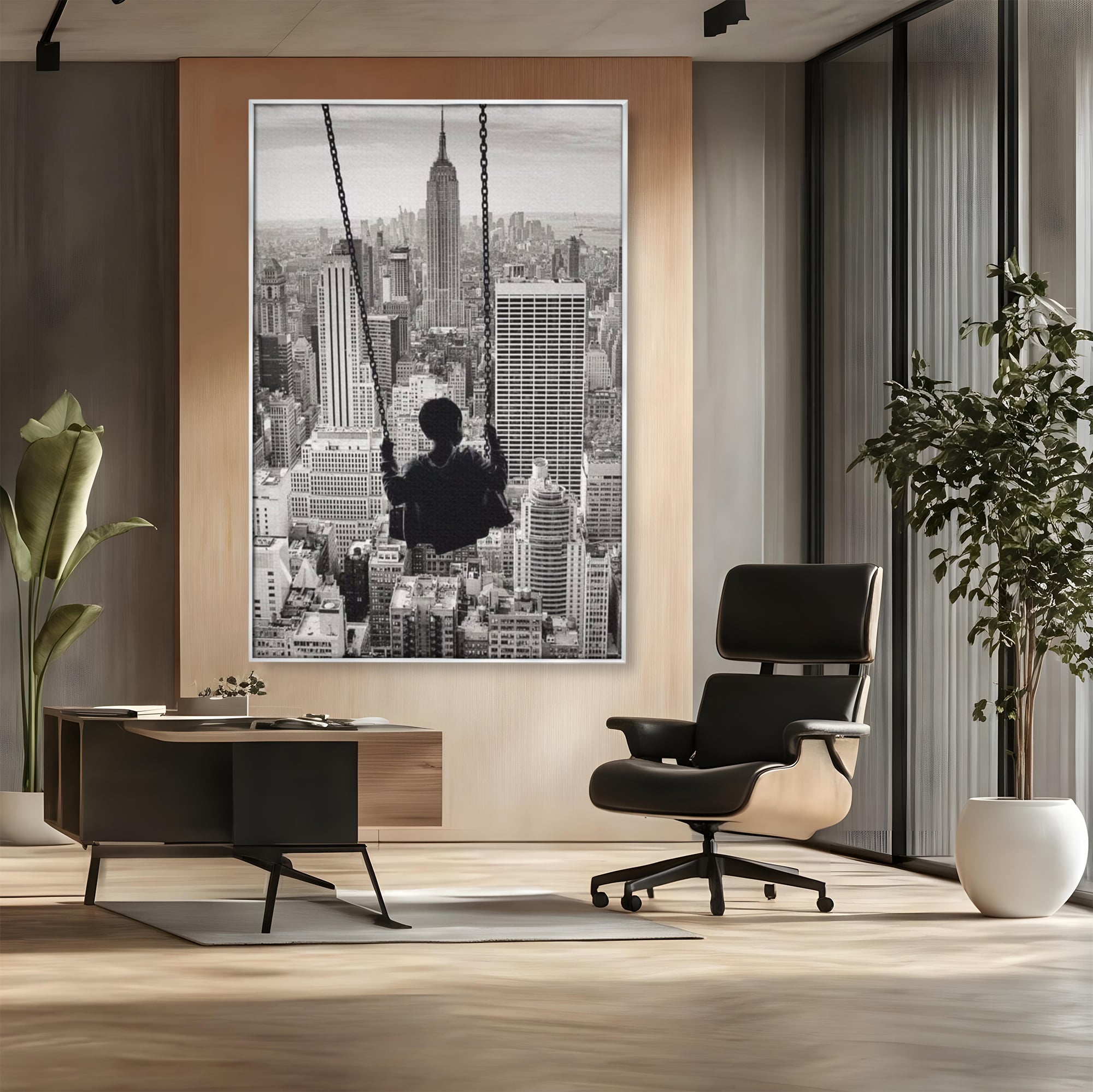 Tablou canvas cu tablou canvas cu copil in leagan deasupra orasului, in rama de aluminiu argintiu, pe perete intr-un birou